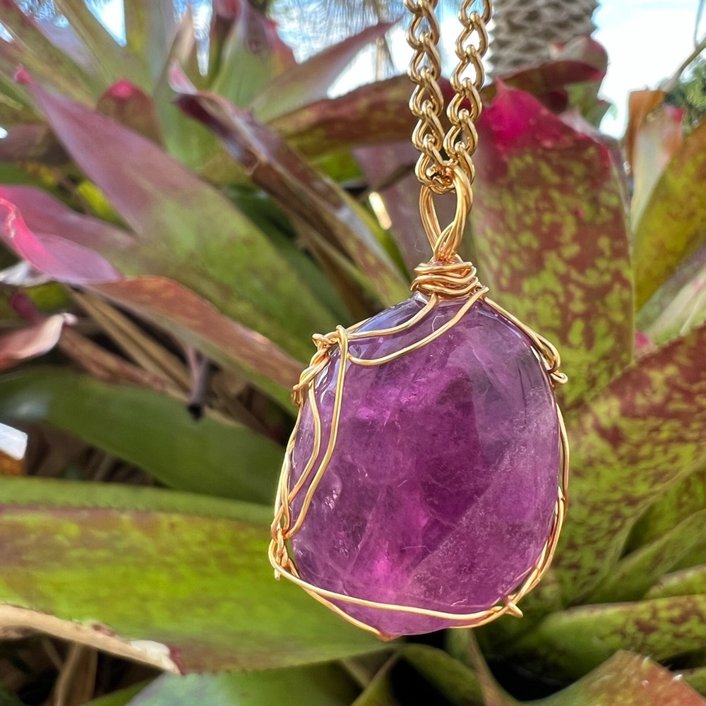 ✨ Deep Purple Fluorite Necklace • Gold Wrapped • 24" Chain ✨ - Picture 9 of 16